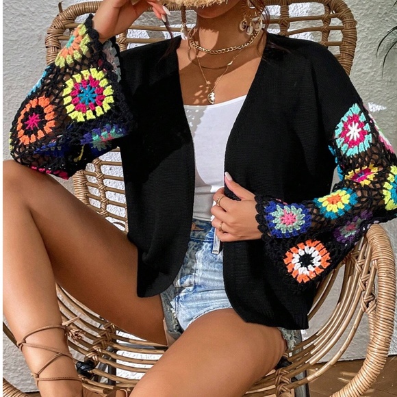 Boho Crochet Knit Open Front Oversized Cardigan - Picture 2 of 6